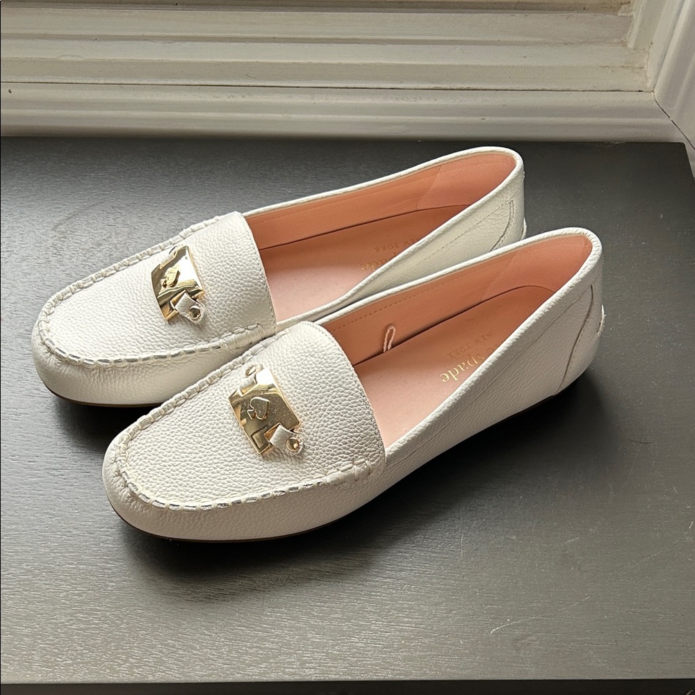 kate spade White Leather Loafers with Gold Logo Accent